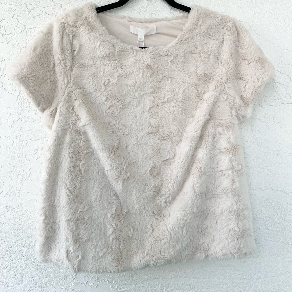 Adyson Parker Faux Fur Ivory Cream Large Short Sleeve Top NWT